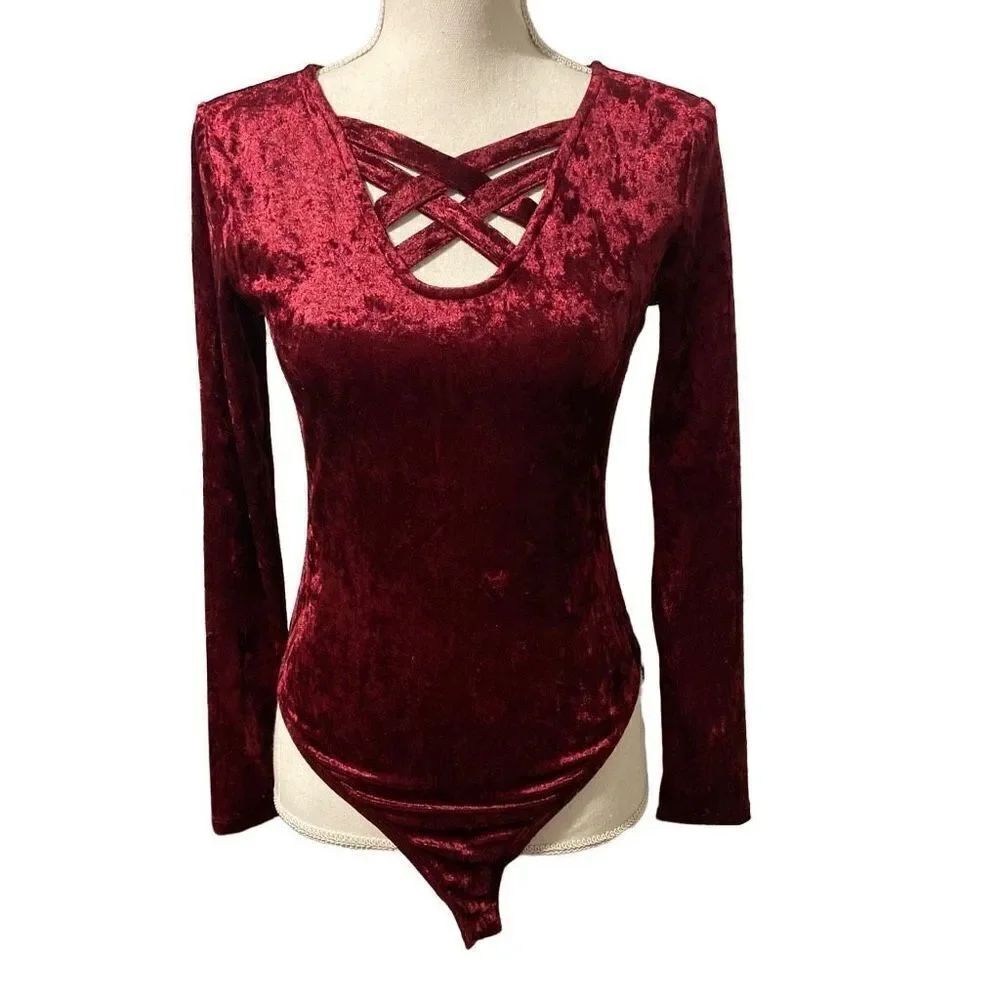 No Boundaries Bodysuit Burgundy Lightweight Velour type size S Juniors 3-5